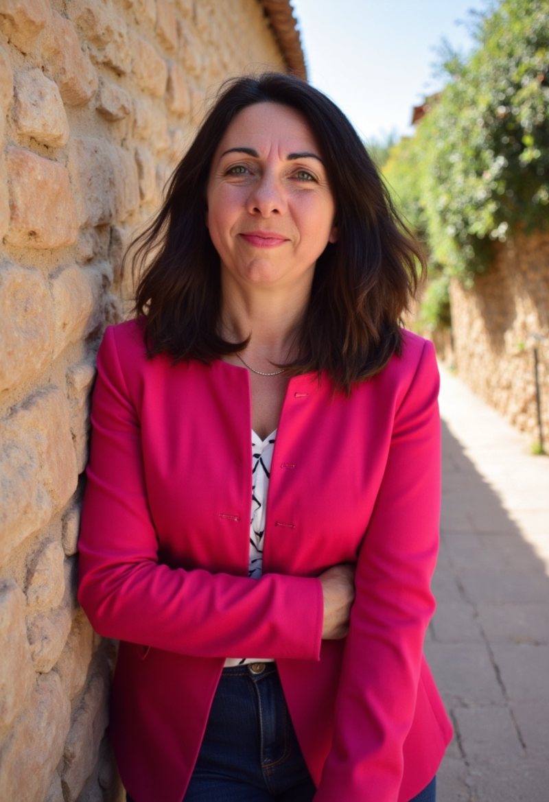 Alexia Leachman in a pink jacket, leaning against a stone wall in the south of France